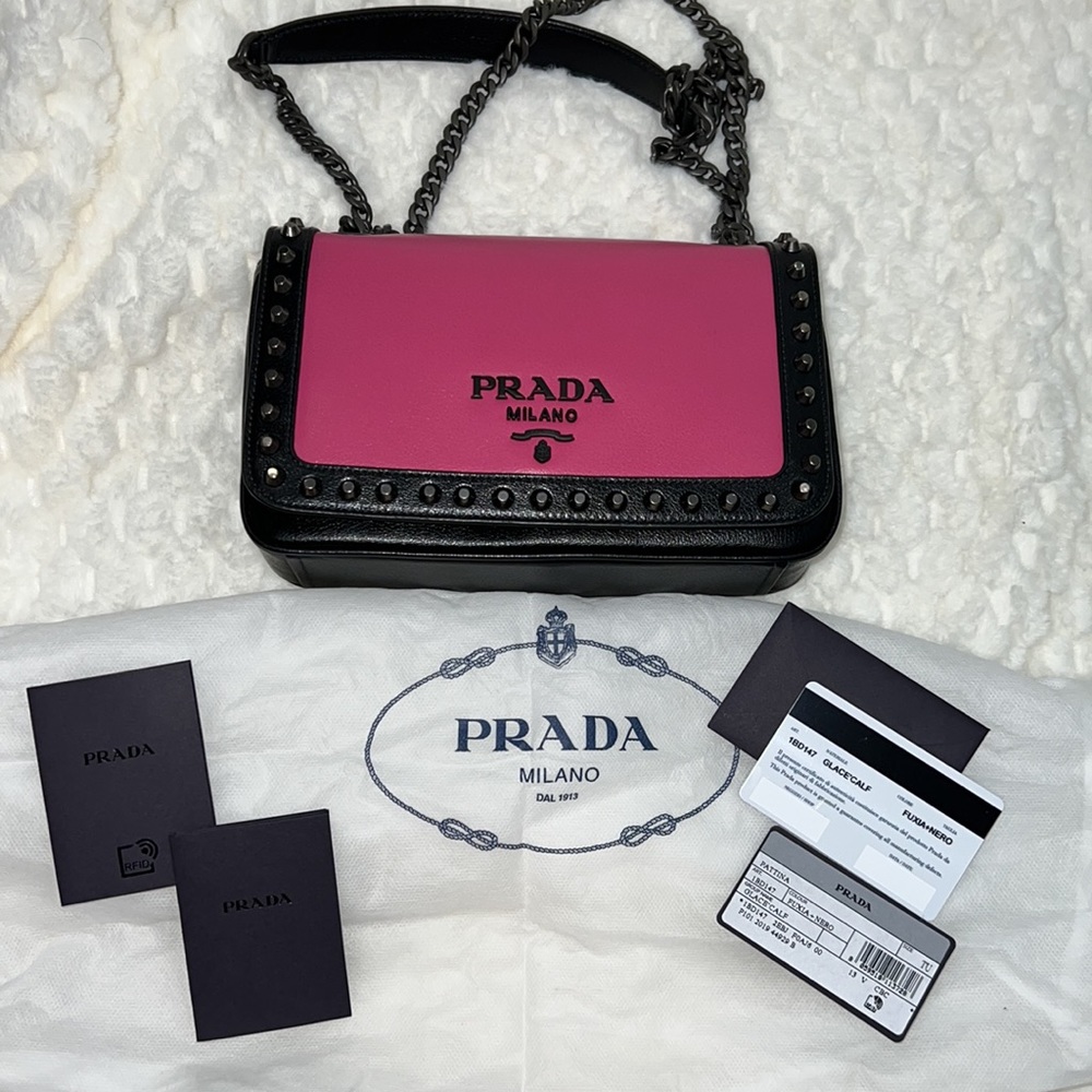 Prada 1BD147 Leather Studded Handbag-Pink and Black-Authentic-NWT